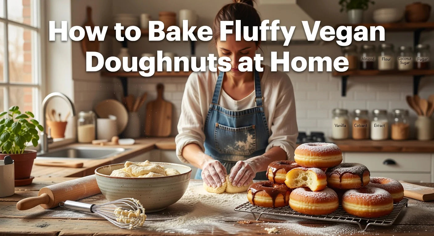 Professional header image for step-by-step guide: How to Bake Fluffy Vegan Doughnuts at Home
